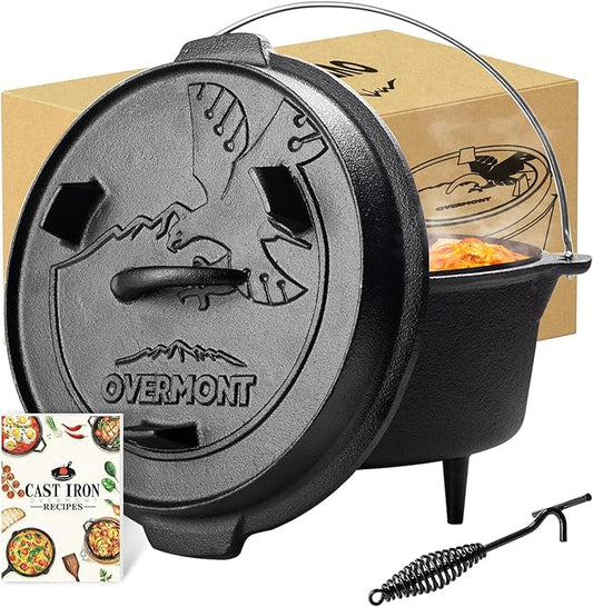 Overmont Camp Dutch Oven Pre Seasoned Cast Iron Lid Also a Skillet Casserole Pot with Lid Lifter for Camping Cooking BBQ Baking 6QT(Pot+Lid) by Overmont