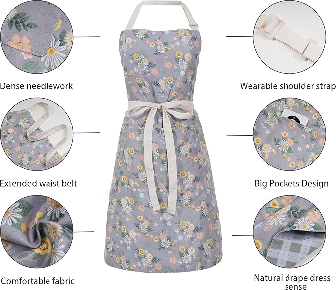 Aoomzoon Kitchen Aprons for Women with 2 Pockets,Double Sided Vintage Adjustable Apron for Gardening Cooking Arting Painting - Image 5