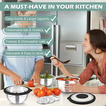 TeamFar Mixing Bowls, 3PCS Stainless Steel Serving Salad Bowls with Lids & 3 Graters, For Kitchen Mixing/Baking/Storing/Prepping, Visible & Airtight, Easy Clean - 4.5/3 / 1.5 QT, Black - Image 8