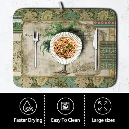 Palm Tree Kitchen Dish Drying Mat for Dishes 18x24 Inch Summer Vintage Tropical Leaves Green Jungle Plant Drying Mat Botanical Dish Drainer Mat Super Absorbent Dish Rack Pad for Coffee Bar Sinks - Image 4
