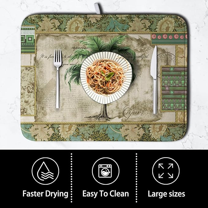 Palm Tree Kitchen Dish Drying Mat for Dishes 16x18 Inch Summer Vintage Tropical Leaves Green Jungle Plant Drying Mat Botanical Dish Drainer Mat Super Absorbent Dish Rack Pad for Coffee Bar Sinks - Image 4