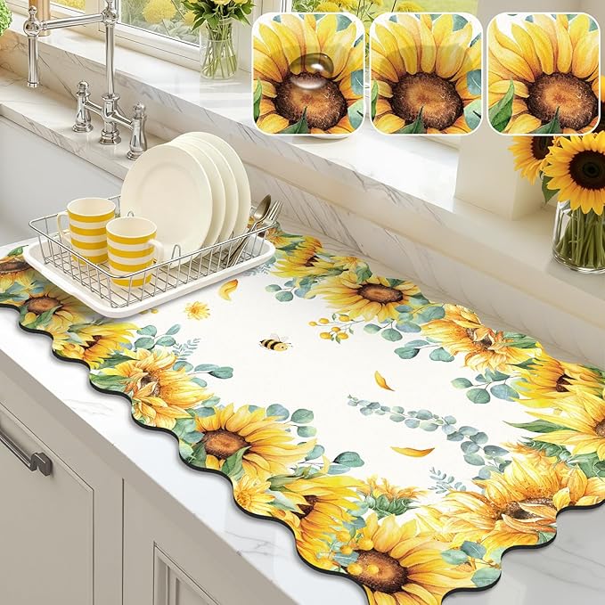 LOKHOM Scalloped Floral Dish Drying Mat, 17"x32" Super Absorbent Coffee Mat with Watercolor Yellow Sunflowers, Cuttable Hide Stain Non-slip Drying Mat for Kitchen Counter Coffee Maker Espresso Machine by LOKHOM