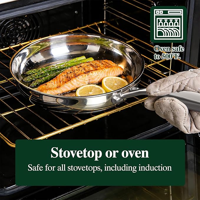 Umite Chef 5 Ply Stainless Steel Frying Pan 8 inch, Non Toxic Professional Stainless Steel Skillets, Dishwasher and Oven-Safe Chef Pan, PFOA&PTFE Free Cookware, Fast & Even Heat, Stay-Cool Handle - Image 5
