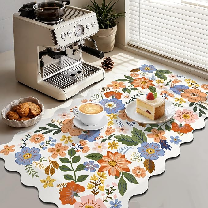 LOKHOM Scalloped Floral Dish Drying Mat, 17"x32" Super Absorbent Coffee Mat with Unique Spring Wildflowers, Cuttable Hide Stain Non-slip Drying Mat for Kitchen Counter Coffee Maker Espresso Machine - Image 4