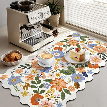 LOKHOM Scalloped Floral Dish Drying Mat, 17"x32" Super Absorbent Coffee Mat with Unique Spring Wildflowers, Cuttable Hide Stain Non-slip Drying Mat for Kitchen Counter Coffee Maker Espresso Machine - Image 4