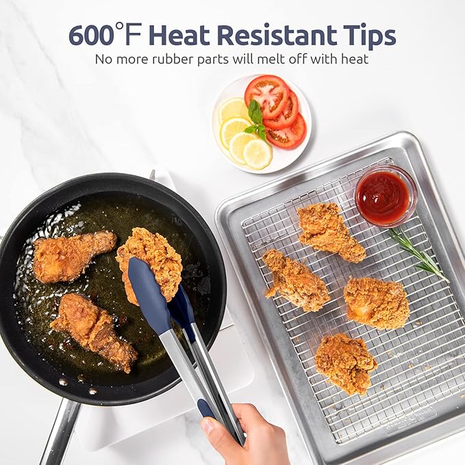 600ºF Heat Resistant Kitchen Tongs: U-Taste 12 inch Large Silicone Cooking Tong with Non Stick Rubber Tips & Silicon Coated 18/8 Stainless Steel Handle & Smooth Lock for Serving Grill (Midnight Blue) - Image 3