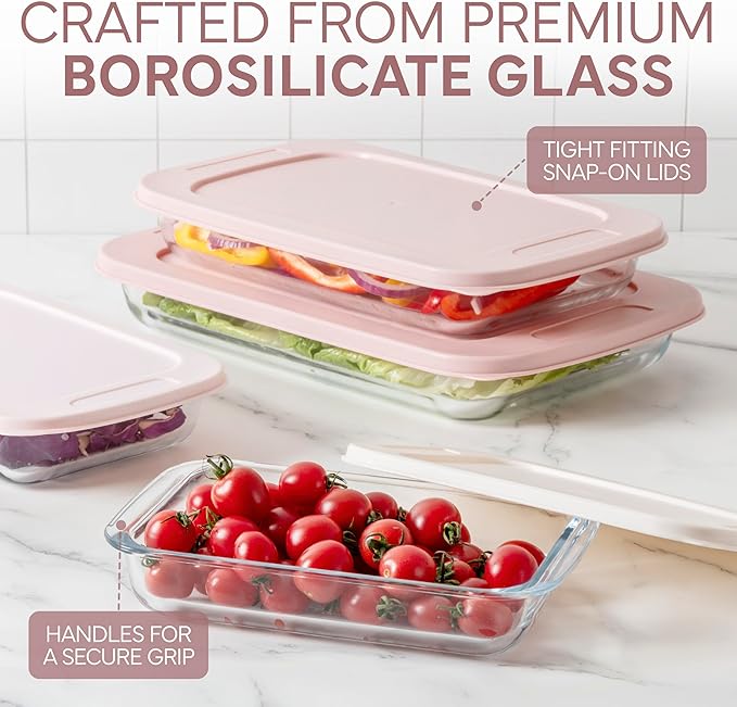COOK WITH COLOR 8 PC. Glass Baking Dish Set with Lids - Deep Casserole Dish, Glass Food Container, Oven, Freezer and Microwave Safe, Clear Container, Pink - Image 5