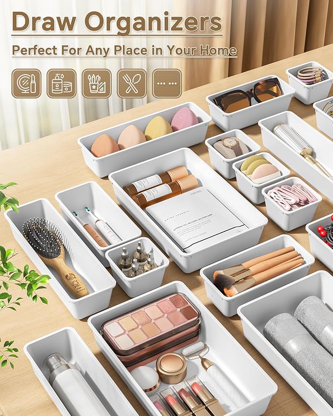 KEMETHY 25 PCS Plastic Drawer Organizers Set, 4 Sizes Vanity Organizer, Makeup and Desk Drawer Organizer Trays, Organization and Storage for Makeup, Bathroom, Kitchen Utensils and Office (White) - Image 6