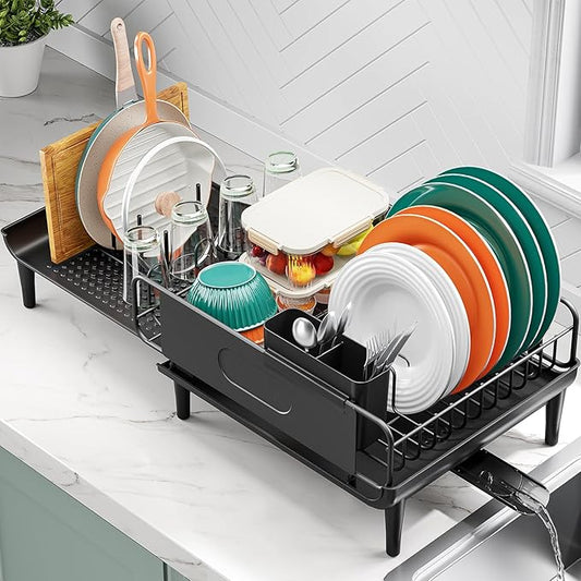 Large Extendable Dish Drying Rack, 16.93" to 26.57" Expandable Dish Rack for Kithen Counter, with Multifunctional Drainboard, Fits Any Sink, Heavy-Duty Steel Plate Drainer for Countertop Organization by Urackify