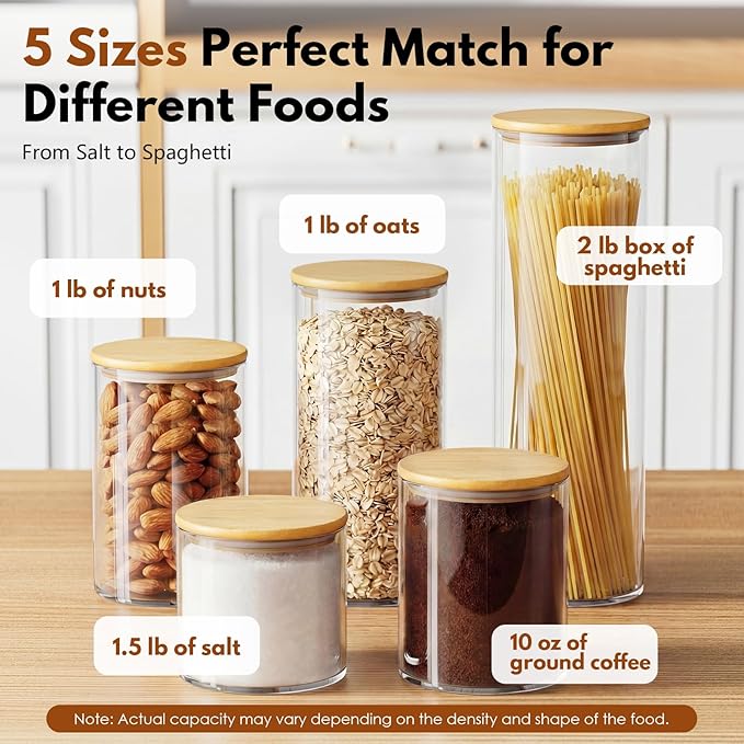 OneDream Glass Container - 5 Pack MultiSize Glass Jars with Bamboo Lid, Bamboo Lid Storage Jar Canister for Coffee Beans, Cereal, Pasta, Flour, Tea, Nuts, Candy, Salts and More - Image 4