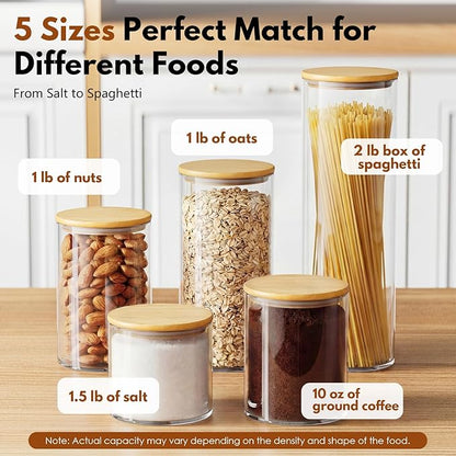 OneDream Glass Container - 5 Pack MultiSize Glass Jars with Bamboo Lid, Bamboo Lid Storage Jar Canister for Coffee Beans, Cereal, Pasta, Flour, Tea, Nuts, Candy, Salts and More - Image 4