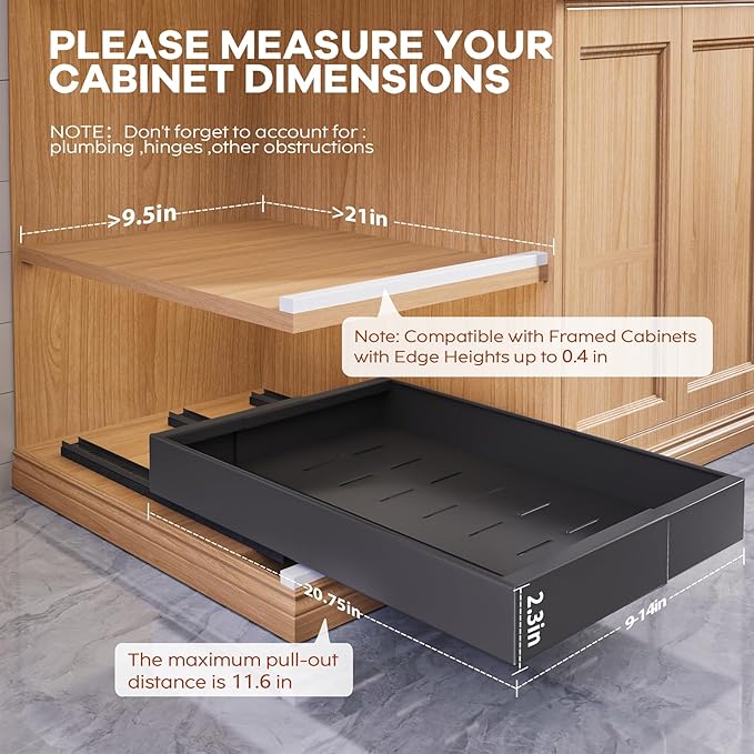 Seinloes 4 Pack Expandable (9"-14") Pull Out Cabinet Organizer 21" Deep With Raising Pad for Framed Cabinets,Upgrade 3 Slide Rails Slide Out Drawers,No Drill Roll Out Shelves Adhesive,Black - Image 3