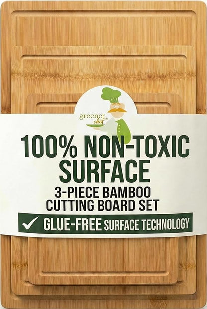 GREENER CHEF Glue-Free Surface Organic Bamboo Wood Cutting Board 3-Piece Set – Non Toxic Cutting Board Set – Lightweight, Heavy Duty Wooden Serving Boards for Charcuterie - Safer Family Meal Prep by GreenerChef