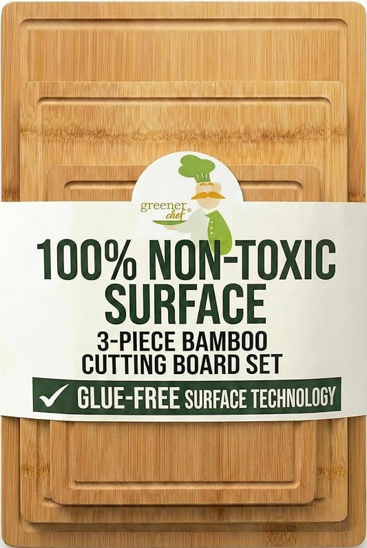 GREENER CHEF Glue-Free Surface Organic Bamboo Wood Cutting Board 3-Piece Set – Non Toxic Cutting Board Set – Lightweight, Heavy Duty Wooden Serving Boards for Charcuterie - Safer Family Meal Prep by GreenerChef