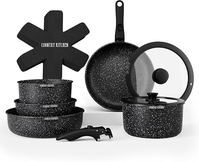 Country Kitchen Cookware Set with Removable Handle, Oven & RV Safe Pots and Pans Set, Black, Original by CountryKitchen