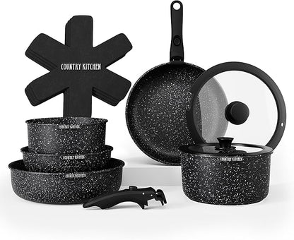 Country Kitchen Cookware Set with Removable Handle, Oven & RV Safe Pots and Pans Set, Black, Original by CountryKitchen