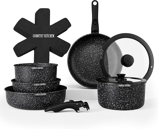 Country Kitchen Cookware Set with Removable Handle, Oven & RV Safe Pots and Pans Set, Black, Original by CountryKitchen