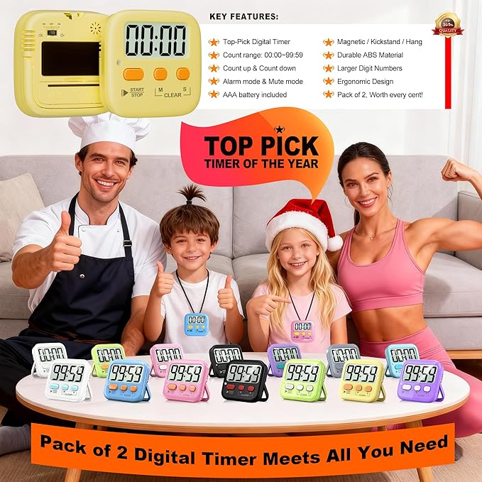 Antonki 2 Pack Digital Timer for Kids, Magnetic Countdown Kitchen Timers for Cooking, Egg, Classroom, Teacher, Exercise, Study, Oven - Battery Included - Image 8