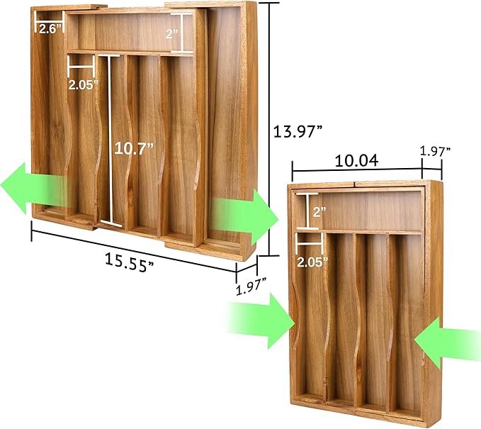 Expandable Acacia Kitchen Drawer Organizer for Cutlery and Utensils, Adjustable Acacia Wood Cutlery Tray in Drawer for Flatware and Silverware in Kitchen - Image 2