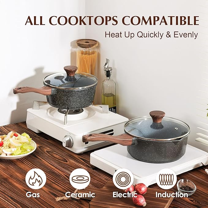 SENSARTE Nonstick Sauce Pan with Lid Saucepan Set, Swiss Granite Coating Sauce Pot Kitchen Cooking Pot Sets, Induction Comptable, Free of Intentionally Added PFOA, 1.5 + 2 QT - Image 2