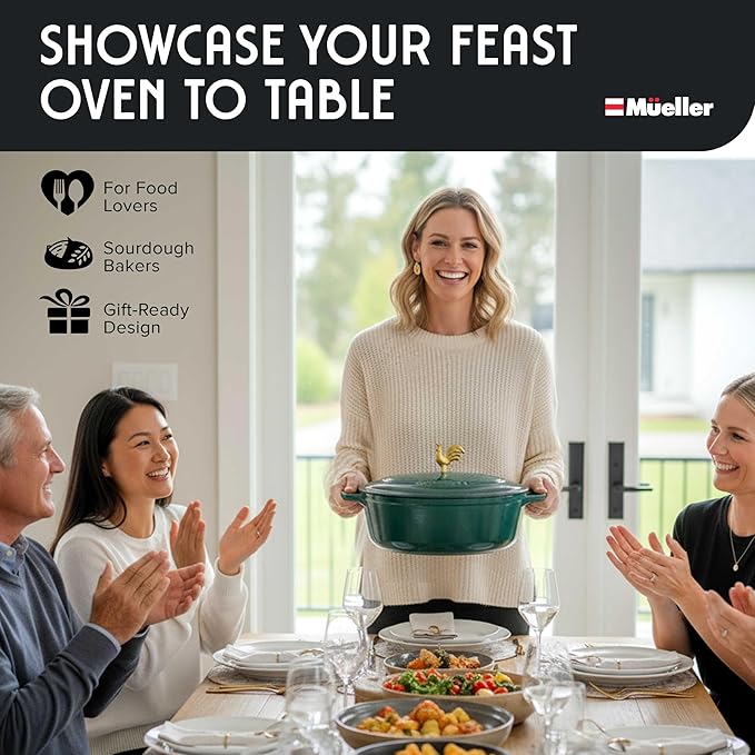 MUELLER HOME 5.5 Quart Enameled Cast Iron Oval Dutch Oven with Rooster Knob and Cotton Potholders, Heavy-Duty Cookware, Oven-Safe up to 500° F & Across All Cooktops, Thanksgiving Essentials, Emerald - Image 8