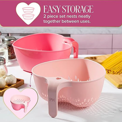 Paris Hilton Heart Bowl & Colander Set, Nesting 2-Piece Design with 3-Quart Capacity, Dishwasher Safe, Made without BPA, Pink - Image 4