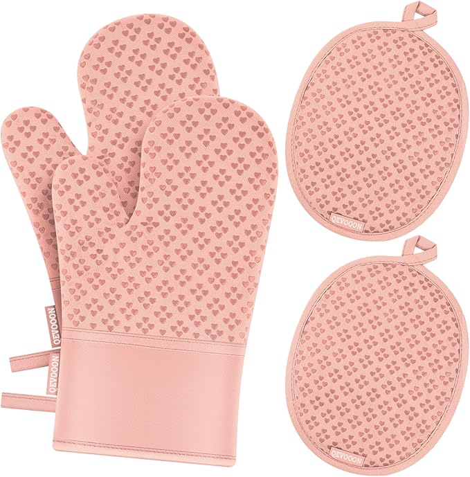 Oven Mitts and Pot Holders 4 Sets, Heat Resistant 500 ℉ Oven Mitt and Pot Holder,Oven Glove&Potholders with Non-Slip Silicone Surface,Kitchen Essentials for Cooking/Baking/BBQ-Pink by QEVOOON