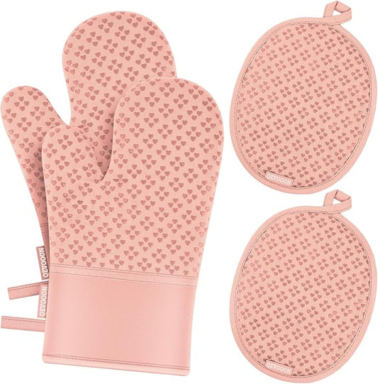 Oven Mitts and Pot Holders 4 Sets, Heat Resistant 500 ℉ Oven Mitt and Pot Holder,Oven Glove&Potholders with Non-Slip Silicone Surface,Kitchen Essentials for Cooking/Baking/BBQ-Pink by QEVOOON