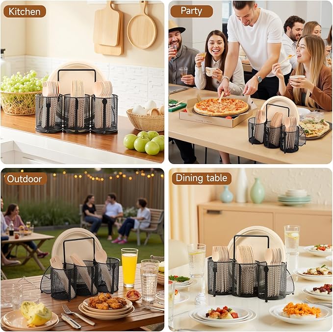 Metal Utensil Caddy Silverware Holder, Paper Plate Holder Cutlery Container,Plate Organizer Flatware Storage Basket Party Camping Picnic Buffet RV BBQ Farmhouse Kitchen Countertop - Image 6