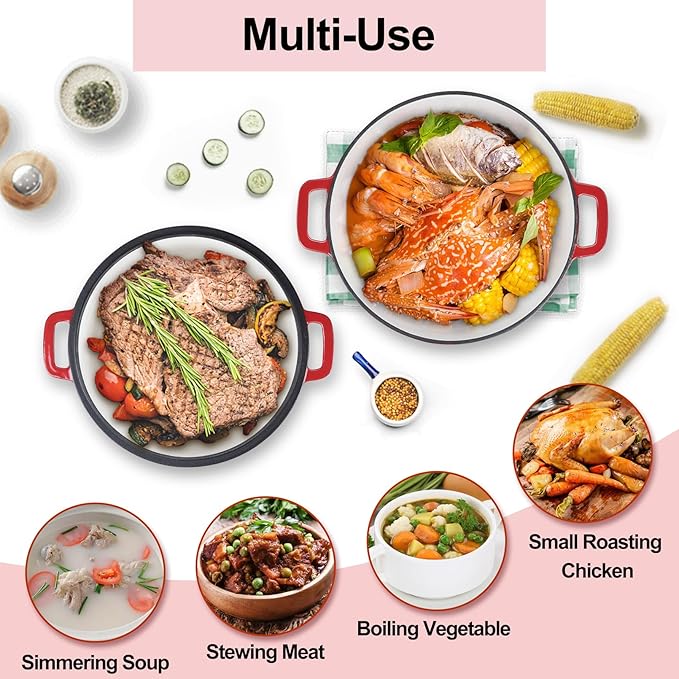 TeamFar 2-In-1 Enameled Cast Iron Dutch Oven, 5 Quart Dutch Oven Pot Cookware with Skillet Lid for Bread Baking Braising Stewing Roasting, Heavy-Duty & Nonstick, Oven Safe & Fit for Induction (Red) - Image 5