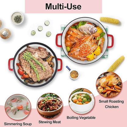 TeamFar 2-In-1 Enameled Cast Iron Dutch Oven, 5 Quart Dutch Oven Pot Cookware with Skillet Lid for Bread Baking Braising Stewing Roasting, Heavy-Duty & Nonstick, Oven Safe & Fit for Induction (Red) - Image 5