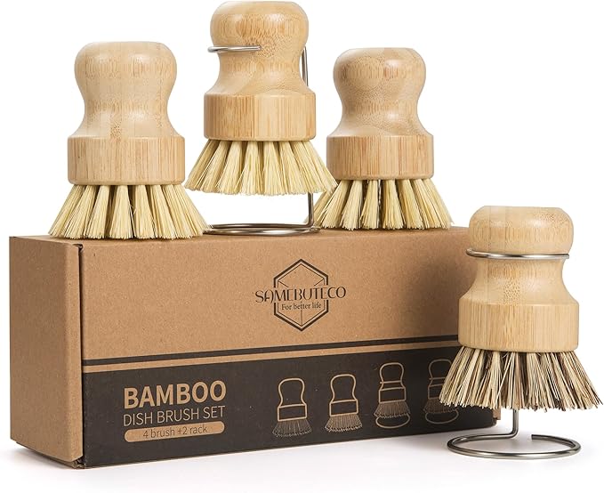 SAMEBUTECO 6-Piece Bamboo Dish Brush Set with Fast-Dry Stainless Steel Holder,3xNatural Sisal Bristle Brush & 1xPalm Bristle Kitchen Cleaning Brushes for Dishes, Pots, Pans & Sink by HOME