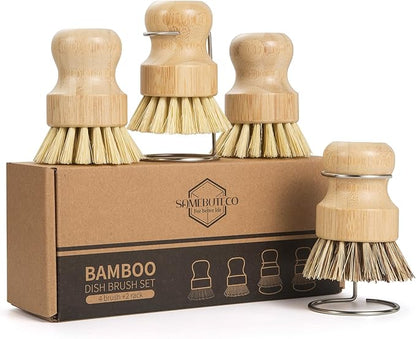SAMEBUTECO 6-Piece Bamboo Dish Brush Set with Fast-Dry Stainless Steel Holder,3xNatural Sisal Bristle Brush & 1xPalm Bristle Kitchen Cleaning Brushes for Dishes, Pots, Pans & Sink by HOME