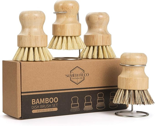 SAMEBUTECO 6-Piece Bamboo Dish Brush Set with Fast-Dry Stainless Steel Holder,3xNatural Sisal Bristle Brush & 1xPalm Bristle Kitchen Cleaning Brushes for Dishes, Pots, Pans & Sink by HOME