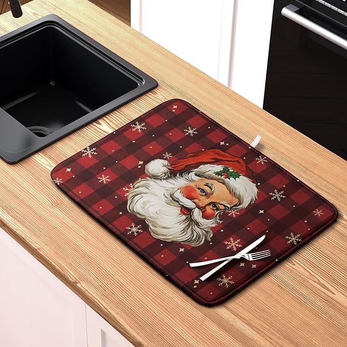 Santa Claus Christmas Dish Drying Mat Xmas Red and Black Buffalo Plaid Snowflake Drying Mats Winter Holiday Dishes Drying Pad Microfiber Absorbent Dish Drainer Rack Mat 16x18 Inch - Image 6