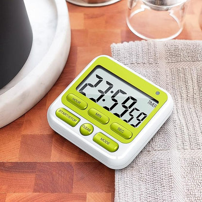KTKUDY Digital Kitchen Timer with Mute/Loud Alarm Switch ON/Off Switch, 12 Hour Clock & Alarm, Memory Function Count Up & Count Down for Kids Teachers Cooking, Large LCD Display, Strong Magnet (Green) - Image 8
