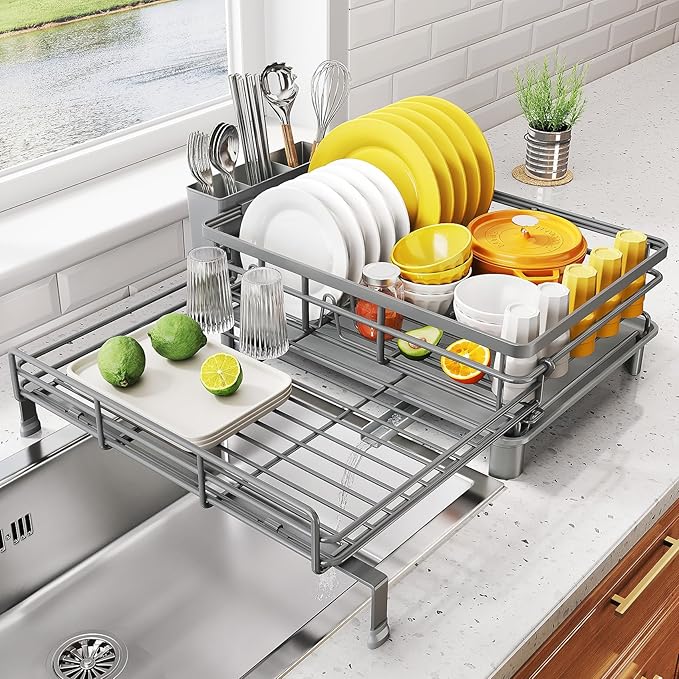 SNTD Dish Drying Rack - Extendable Dish Rack, Large Sink Drying Dish Drainer for Kitchen Counter, Stainless Steel Dish Strainer with Utensil Holder (Grey) by SNTD