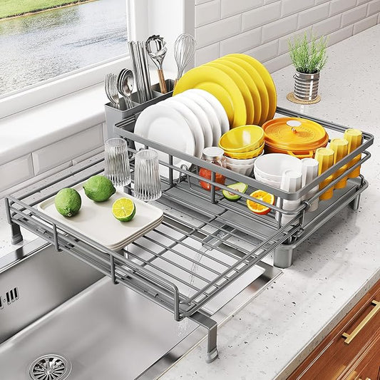 SNTD Dish Drying Rack - Extendable Dish Rack, Large Sink Drying Dish Drainer for Kitchen Counter, Stainless Steel Dish Strainer with Utensil Holder (Grey) by SNTD
