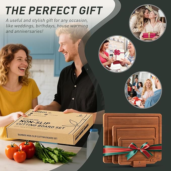 3 Packs Bamboo Cutting Board Set with Non Slip Feet Holder and Over Sink Nice Solid Thick Wood Juice Groove Chopping Board Extra Large Big Small Best Hardwood Kitchen Organic Vegetable Meat BBQ Kit - Image 7