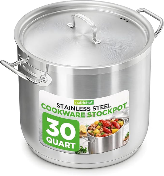Stainless Steel Cookware Stockpot, 30 Quart Heavy Duty Induction Soup Pot With Stainless Steel Lid And Strong Riveted Handles, Even Heat Distribution, Compatible With Most Cooktops