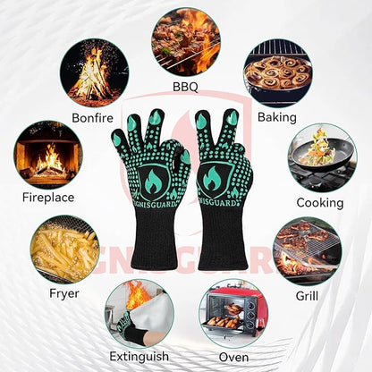BBQ & Grill Gloves, Oven Gloves, 1472°F Silicone Oven Mitts Heat Resistant Grilling Gloves Fireproof Non-Slip for Barbecue Cooking Baking Smoking, 1-Pair (Green, Large)