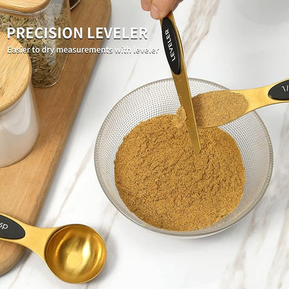 Magnetic Measuring Spoons Set, Stainless Steel, Dual Sided, Stackable, Dual Sided for Measuring Dry and Liquid Ingredients, Fits in Spice Jars, Set of 8（Gold ）