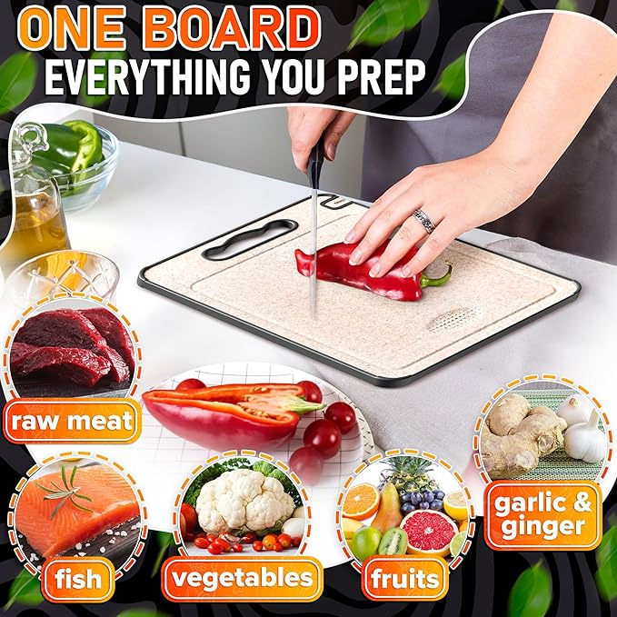 Double Sided Metal Cutting Board Titanium 14.3"x9.8" - GR1 Titanium Cutting Board with Sharpener for Knife for Meat & Wheat Straw + PP for Fruits - Non-slip, Built-in Garlic Grater & Juice Grooves