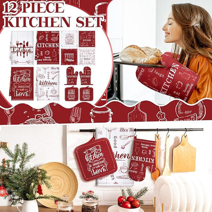 Bencailor 12 Pcs Farmhouse Kitchen Decor and Accessories Sets 4 Red Kitchen Towels 4 Absorbent Dishcloths 2 Pot Holders 2 Oven Mitts Gloves for Home Decor Mom Gifts