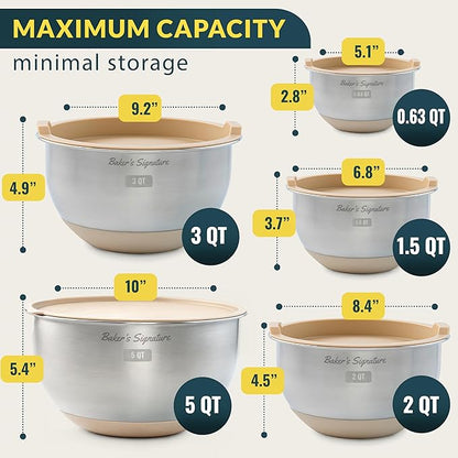 Baker's Signature Stainless Steel Mixing Bowls with Lids Set, 5 Sizes, 3 Graters, Non-Slip Base, Airtight Lids, Metal Mixing Bowls for Kitchen, Food Prep, Storage, 0.63QT-5QT, Khaki - Image 2