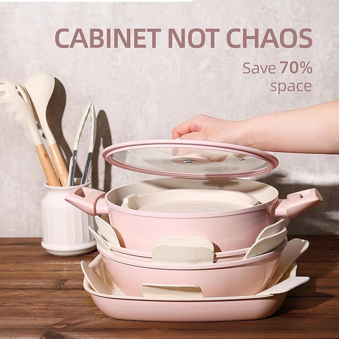 BECIGAR 23pcs Ceramic Pots and Pans Set, Nonstick Detachable Handle Cookware, Induction Kitchen Cooking Set with Removable Handle,include Frying Pans & Saucepans Oven Safe(Pink) - Image 3