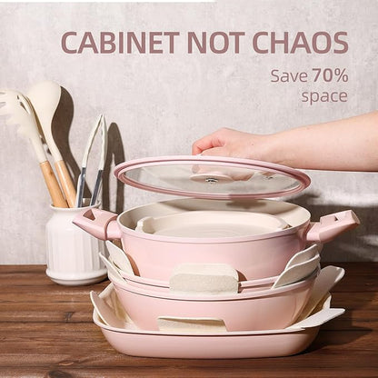 BECIGAR 23pcs Ceramic Pots and Pans Set, Nonstick Detachable Handle Cookware, Induction Kitchen Cooking Set with Removable Handle,include Frying Pans & Saucepans Oven Safe(Pink) - Image 3