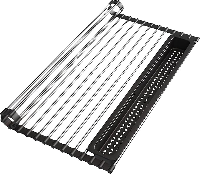 JASIWAY Roll Up Dish Drying Rack, Expandable (12.8"-23.8" D x 12.8" W) Stainless Steel Portable Over The Sink Dish Drainer for Kitchen Sink Counter, Foldable Sink Cover with Removable Utensil Holder by JASIWAY