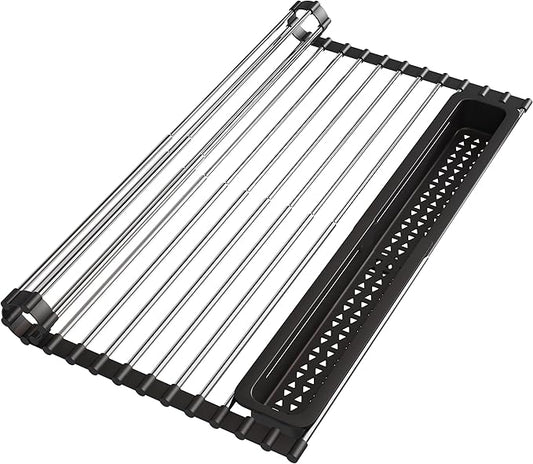 JASIWAY Roll Up Dish Drying Rack, Expandable (12.8"-23.8" D x 12.8" W) Stainless Steel Portable Over The Sink Dish Drainer for Kitchen Sink Counter, Foldable Sink Cover with Removable Utensil Holder by JASIWAY