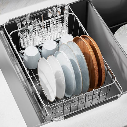 JAQ Over Sink Dish Drying Rack, Expandable 14.96"–22.44" Adjustable Dish Rack for Kitchen Sink, 304 Stainless Steel Dish Drainer with Utensil Holder, Space Saving for Small Sink